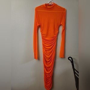 Fashion Nova long sleeve ruched neon orange dress